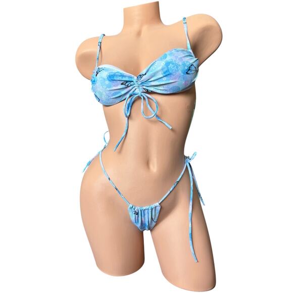 Oh Polly Other - Oh Polly Y2K Blue Pastel Tie-Dye Butterfly Ruched String Mini Thong Bikini Set
